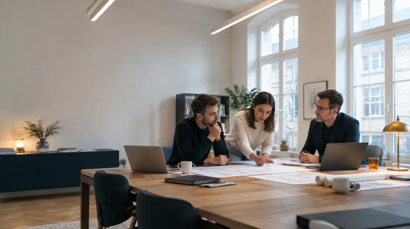 Team der Ensolia GmbH am Besprechungstisch mit Gebäudeplänen